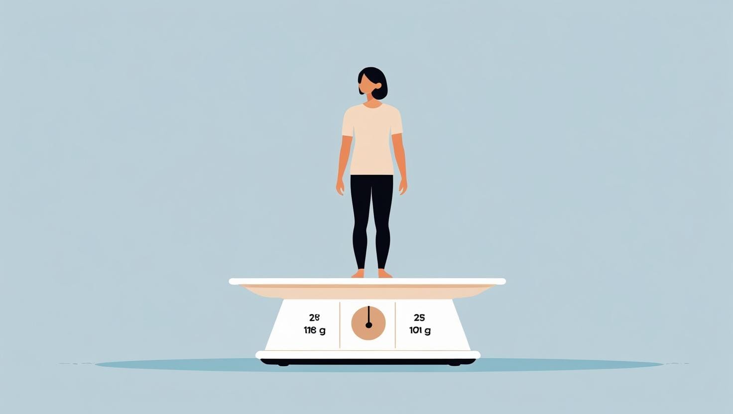 Flat illustration BMI Calculator - person standing on weighing scale with height and weight icons, light blue health theme